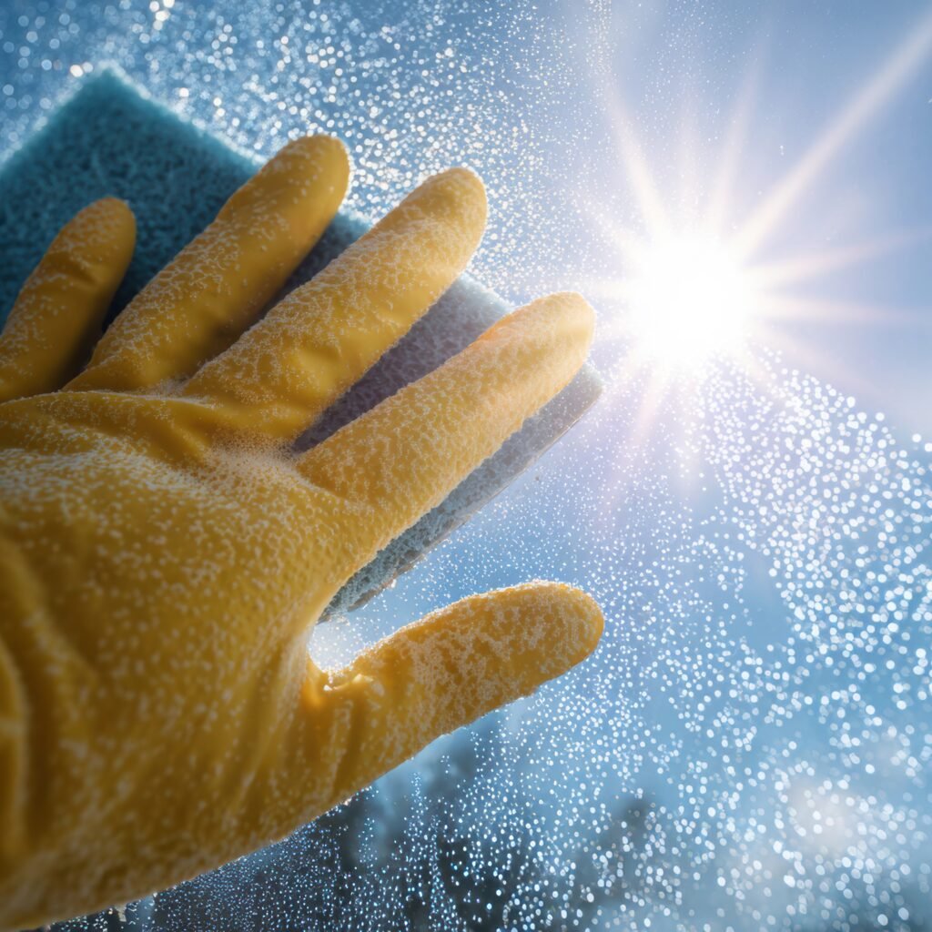 hand in rubber glove cleaning window with sponge on sunny day